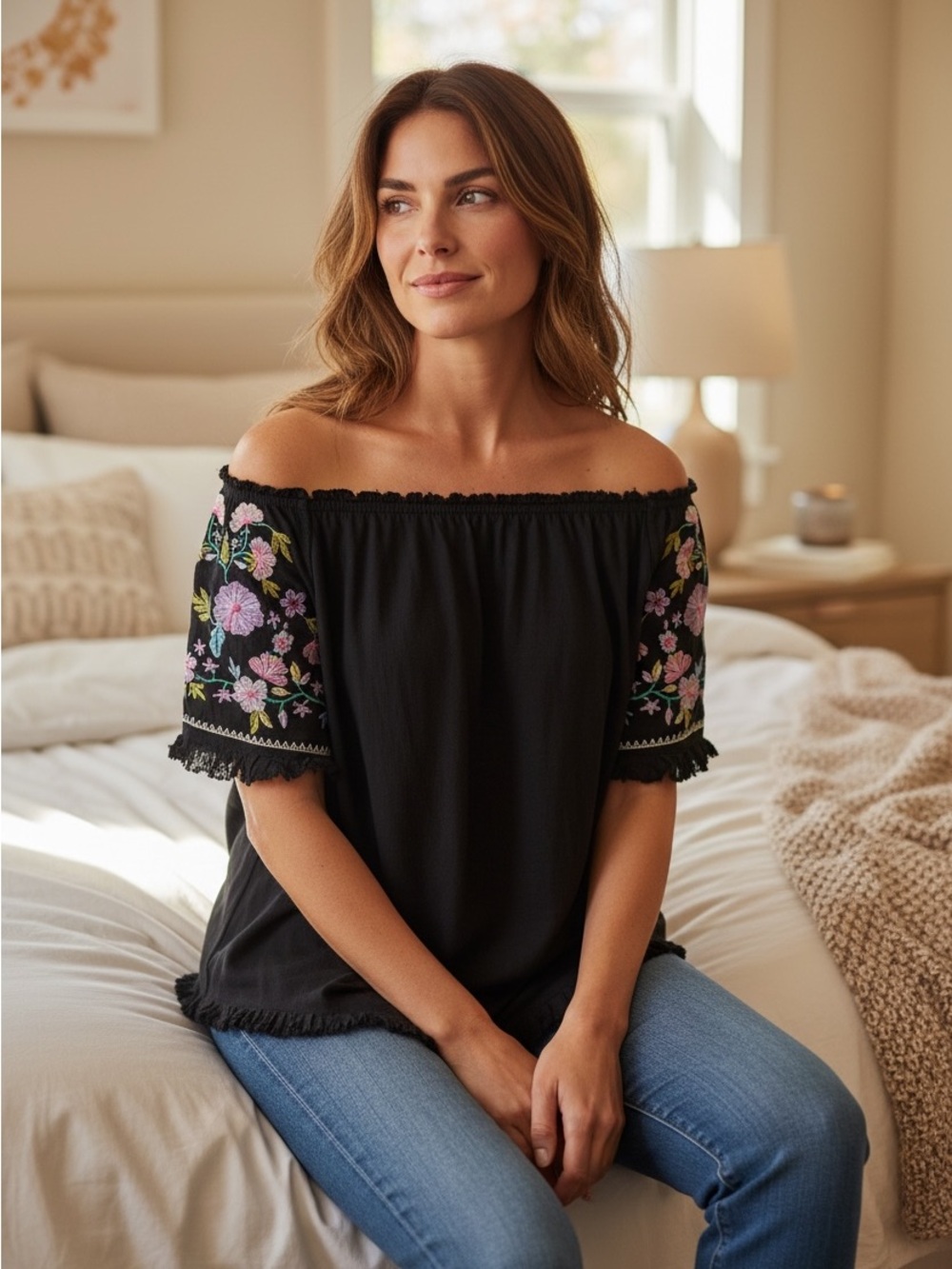 Umgee Linen Blend Tunic Top Medium Black Embroidered Fringe On Off Shoulder